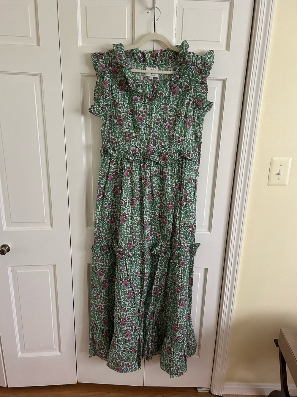 Green Floral Maxi Dress with Pink Floral Accents